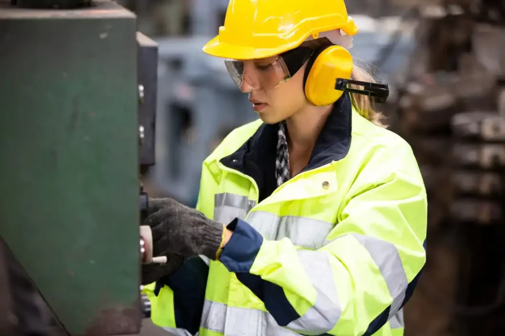 Woman worker wearing safety goggles control lathe machine to drill components